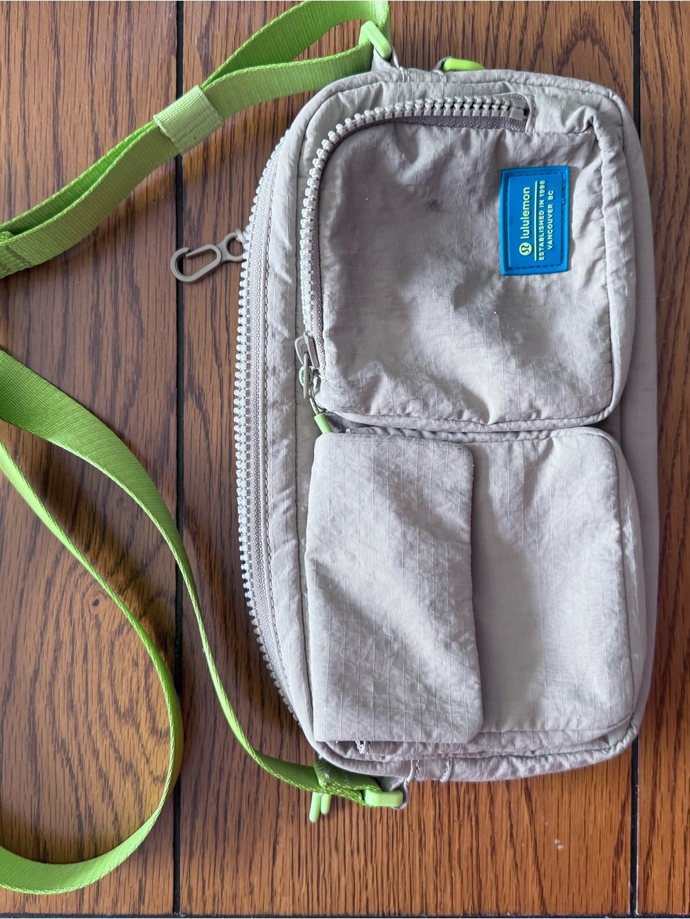 Gently Used lululemon Beige Crossbody Sling Bag with Lime Strap